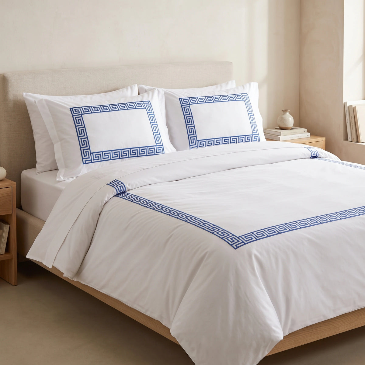 Duvet Cover Percal 300TC White - Greek Border