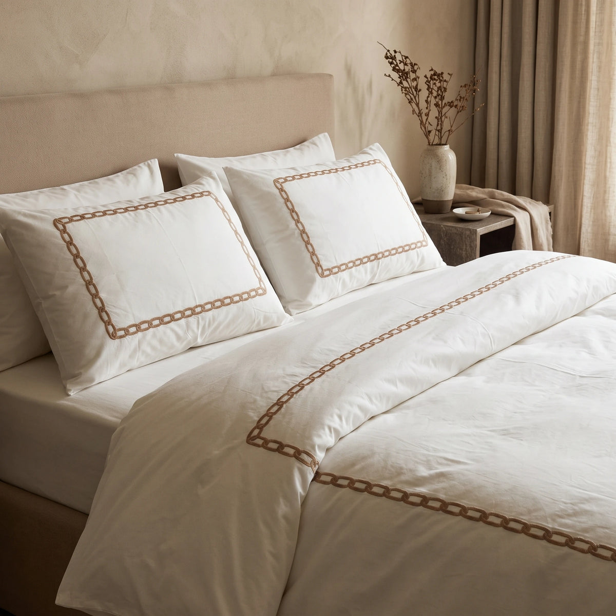 Duvet Cover Percal 300TC White - Chain Border