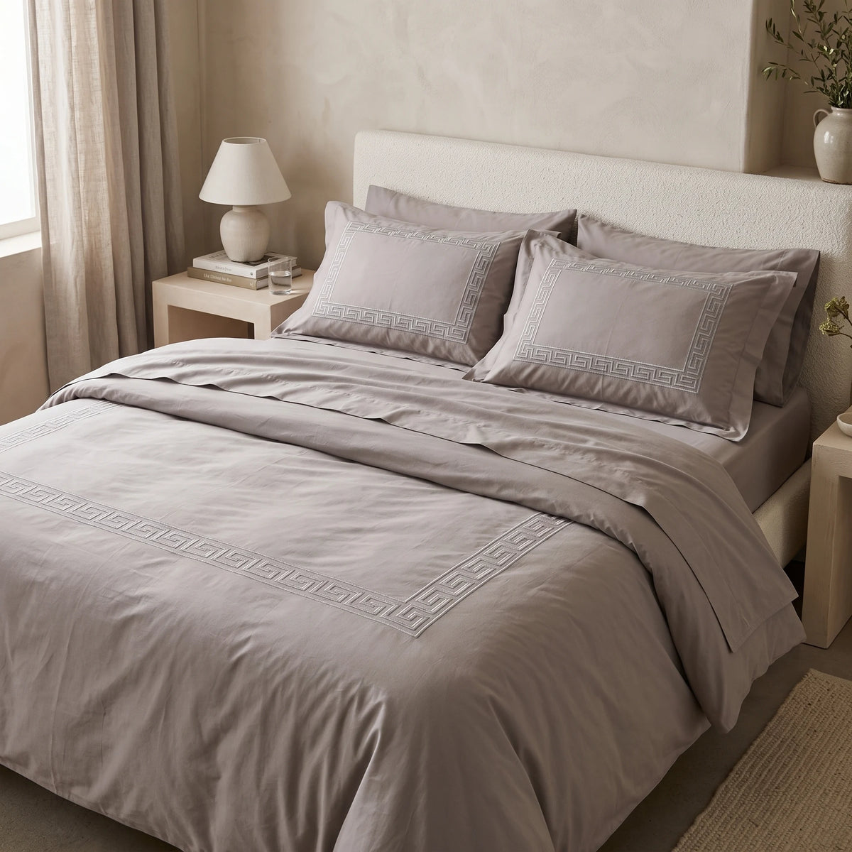 Duvet Cover Percal 300TC White - Greek Border